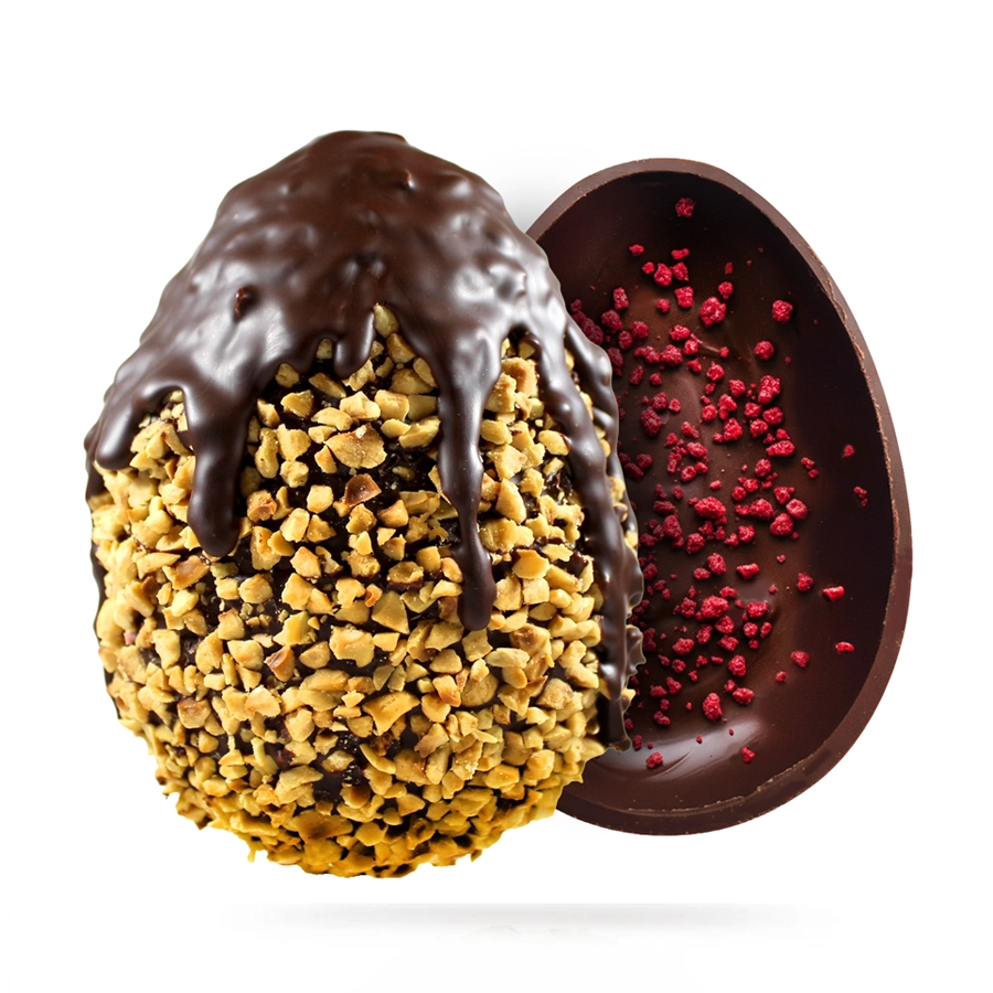 Uova di Pasqua gourmet Fondente Mix - Nocciole (esterno) e Lamponi (interno) 220 g